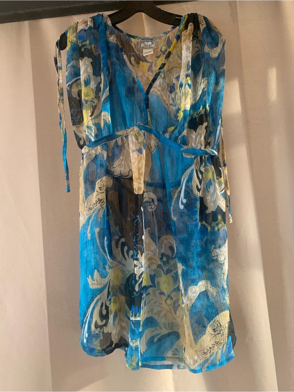 Kushi Made In India Womens Blue Sheer Print Tie Waist Dress Coverup Size Large